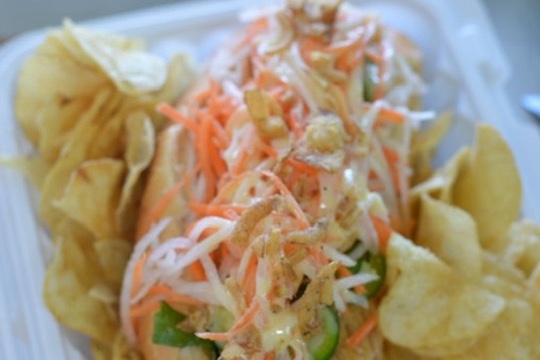 Big Island Smokehouse banh mi sandwich with pickled daikon, jalapeno, and smoked meat, Hilo Hawaii